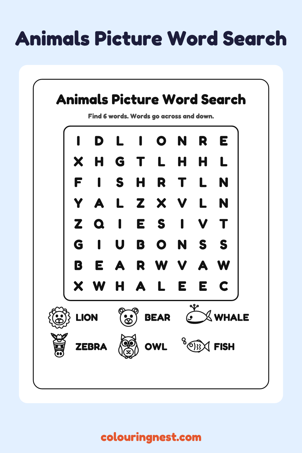 Animals Picture Word Search: free printable black-and-white line art