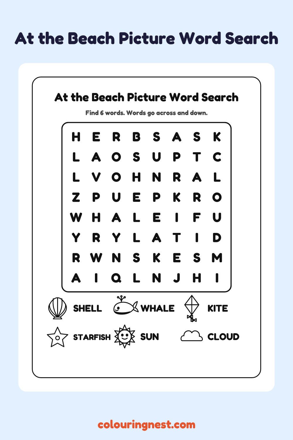 At the Beach Picture Word Search: free printable black-and-white line art