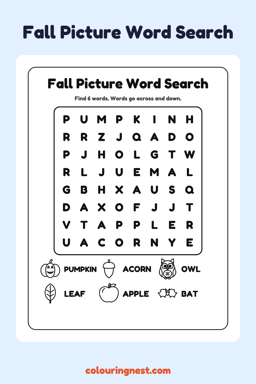 Fall Picture Word Search: free printable black-and-white line art