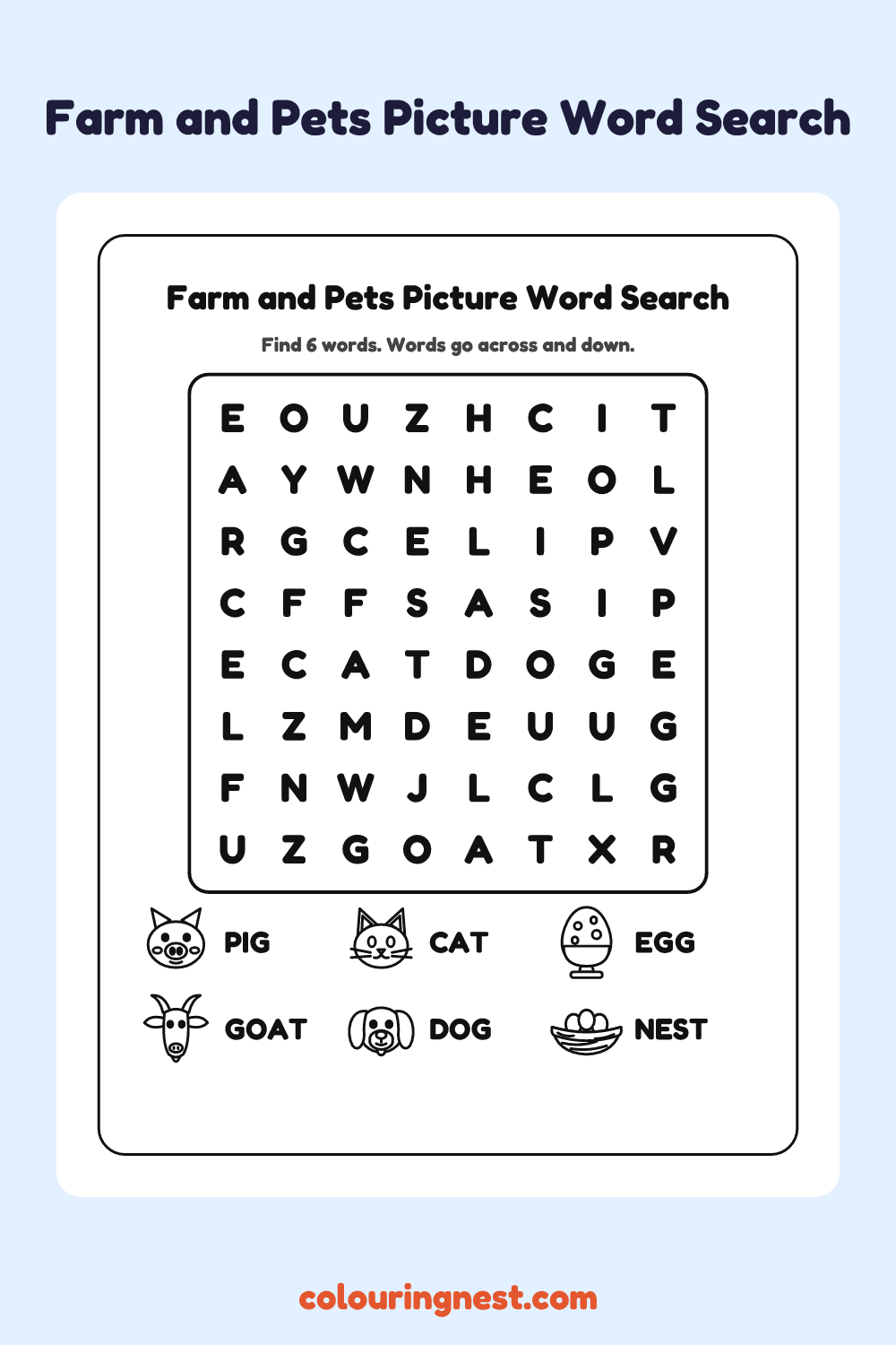 Farm and Pets Picture Word Search: free printable black-and-white line art