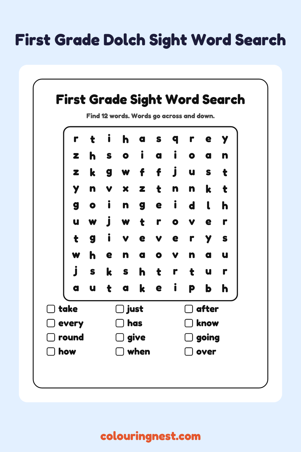 First Grade Sight Word Search: free printable black-and-white line art