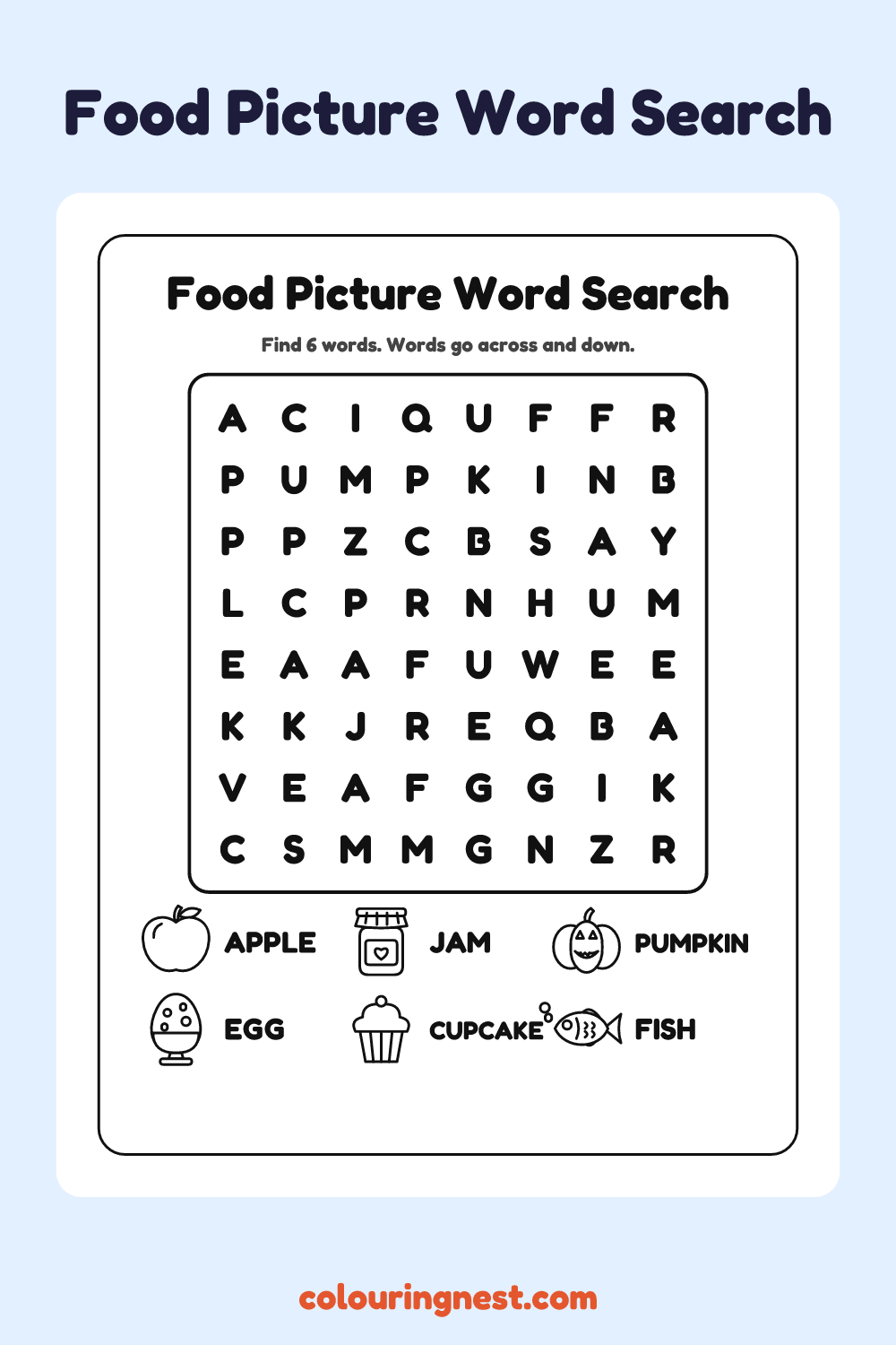 Food Picture Word Search: free printable black-and-white line art