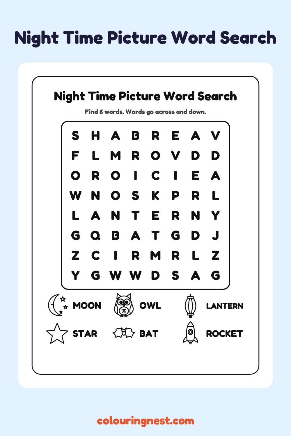 Night Time Picture Word Search: free printable black-and-white line art