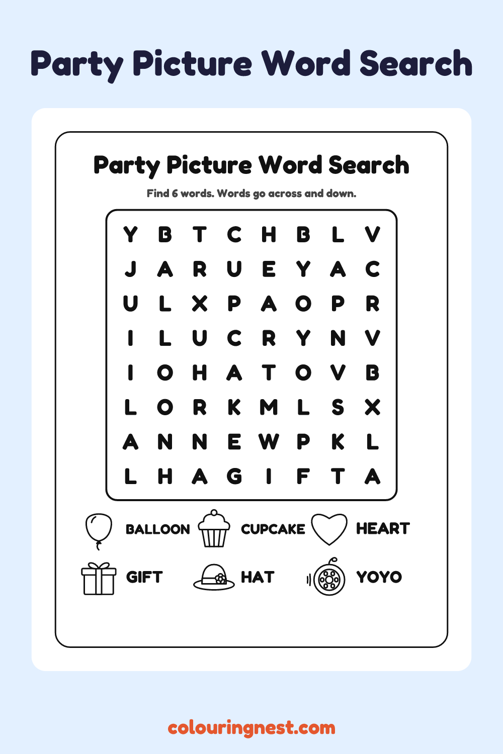Party Picture Word Search: free printable black-and-white line art