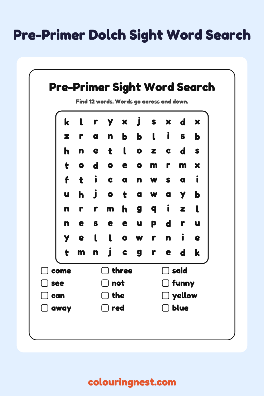 Pre-Primer Sight Word Search: free printable black-and-white line art