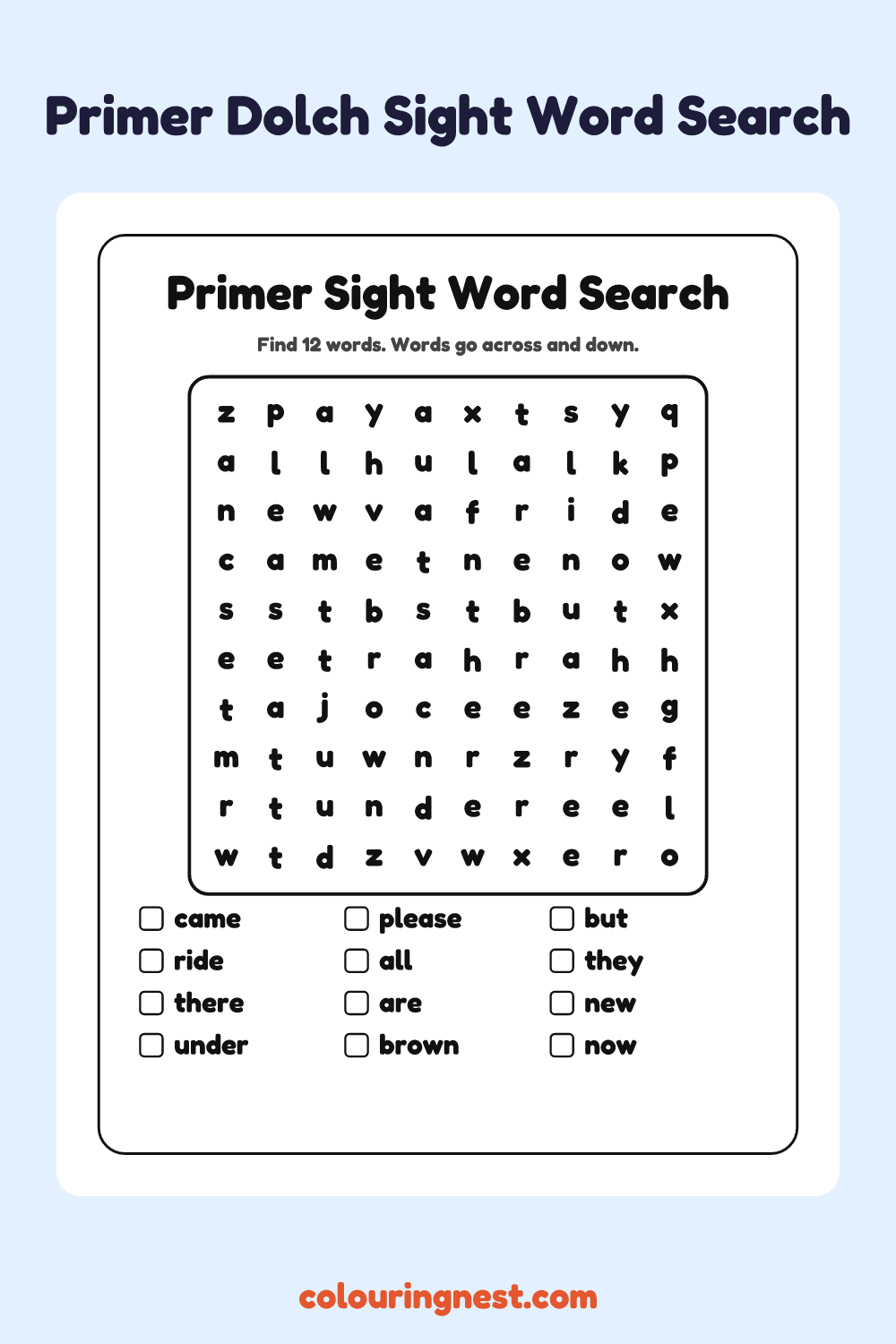 Primer Sight Word Search: free printable black-and-white line art
