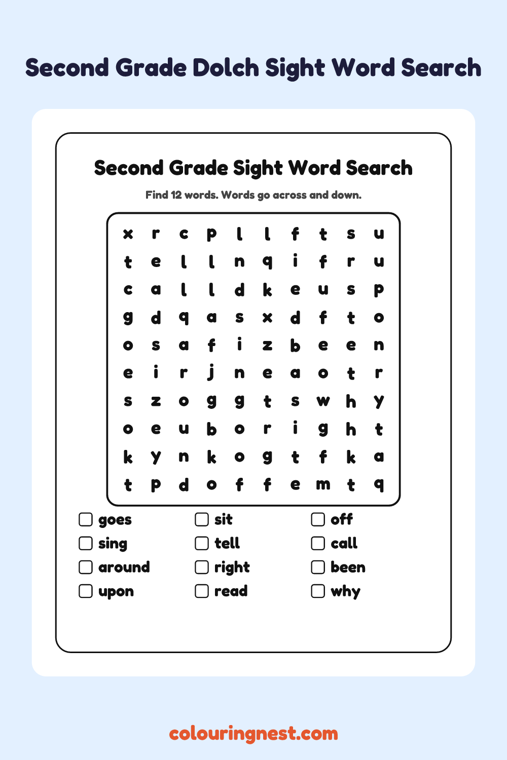 Second Grade Sight Word Search: free printable black-and-white line art