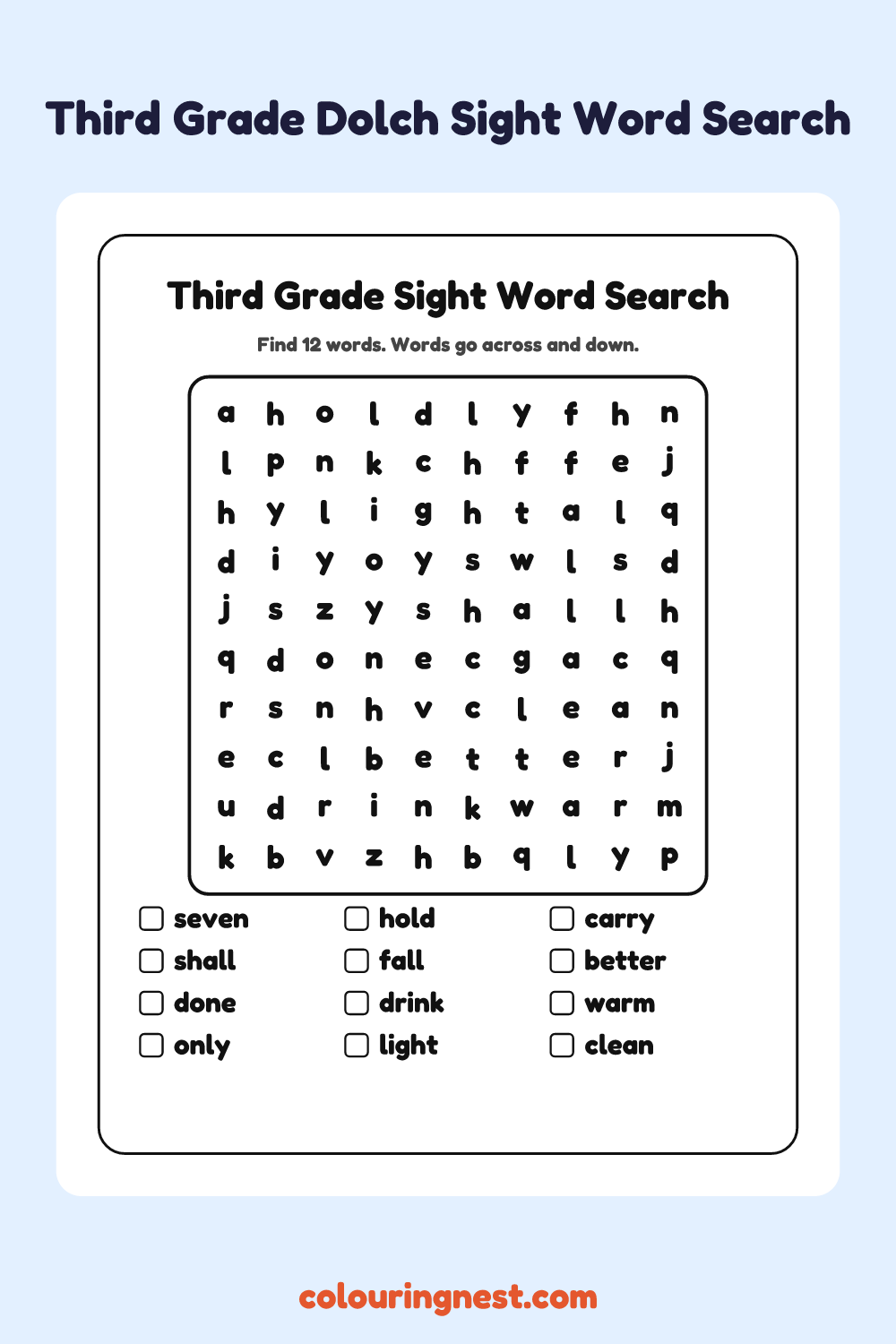 Third Grade Sight Word Search: free printable black-and-white line art
