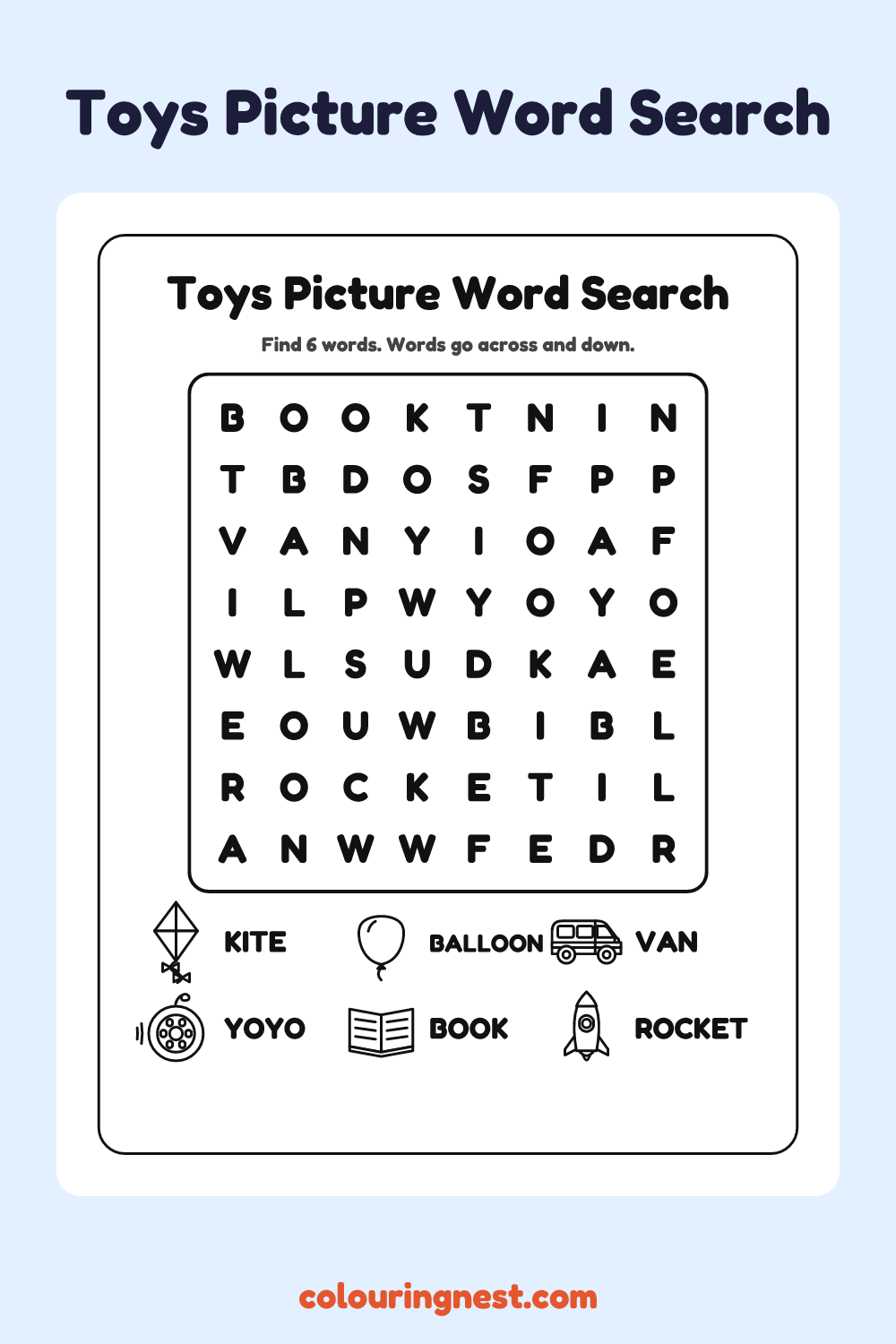 Toys Picture Word Search: free printable black-and-white line art