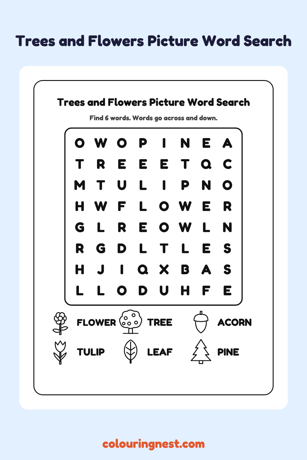 Trees and Flowers Picture Word Search: free printable black-and-white line art