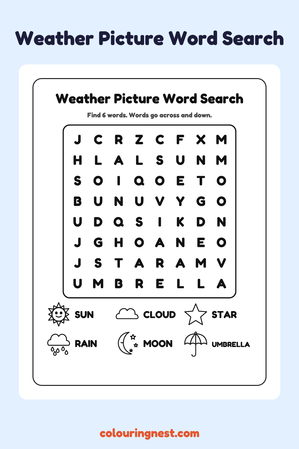 Weather Picture Word Search: free printable black-and-white line art