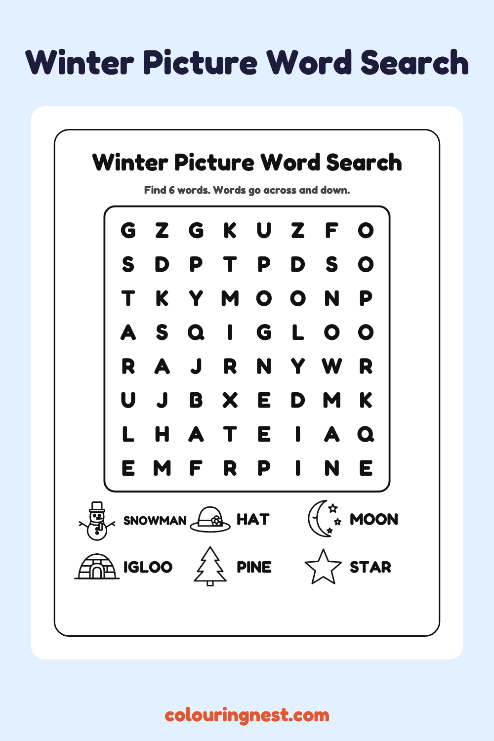 Winter Picture Word Search: free printable black-and-white line art