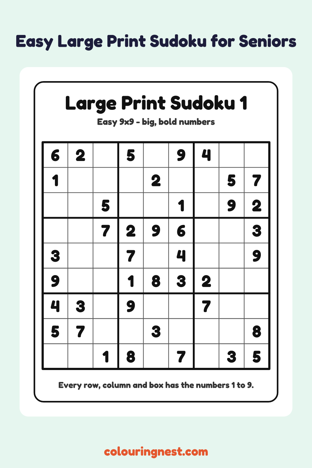 Easy Large Print Sudoku #1 worksheet: free printable black-and-white line art