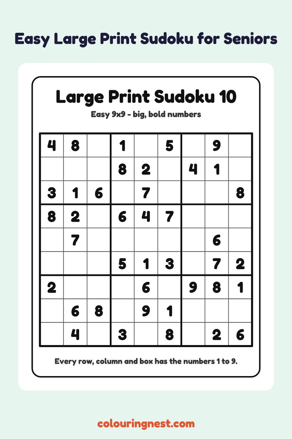 Easy Large Print Sudoku #10 worksheet: free printable black-and-white line art