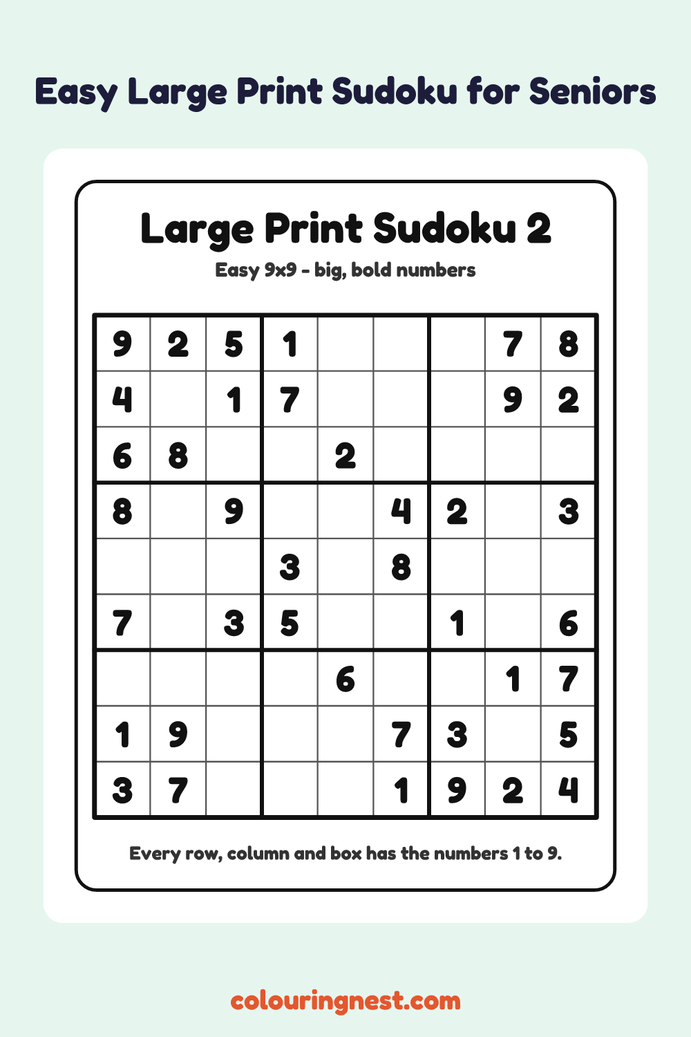 Easy Large Print Sudoku #2 worksheet: free printable black-and-white line art