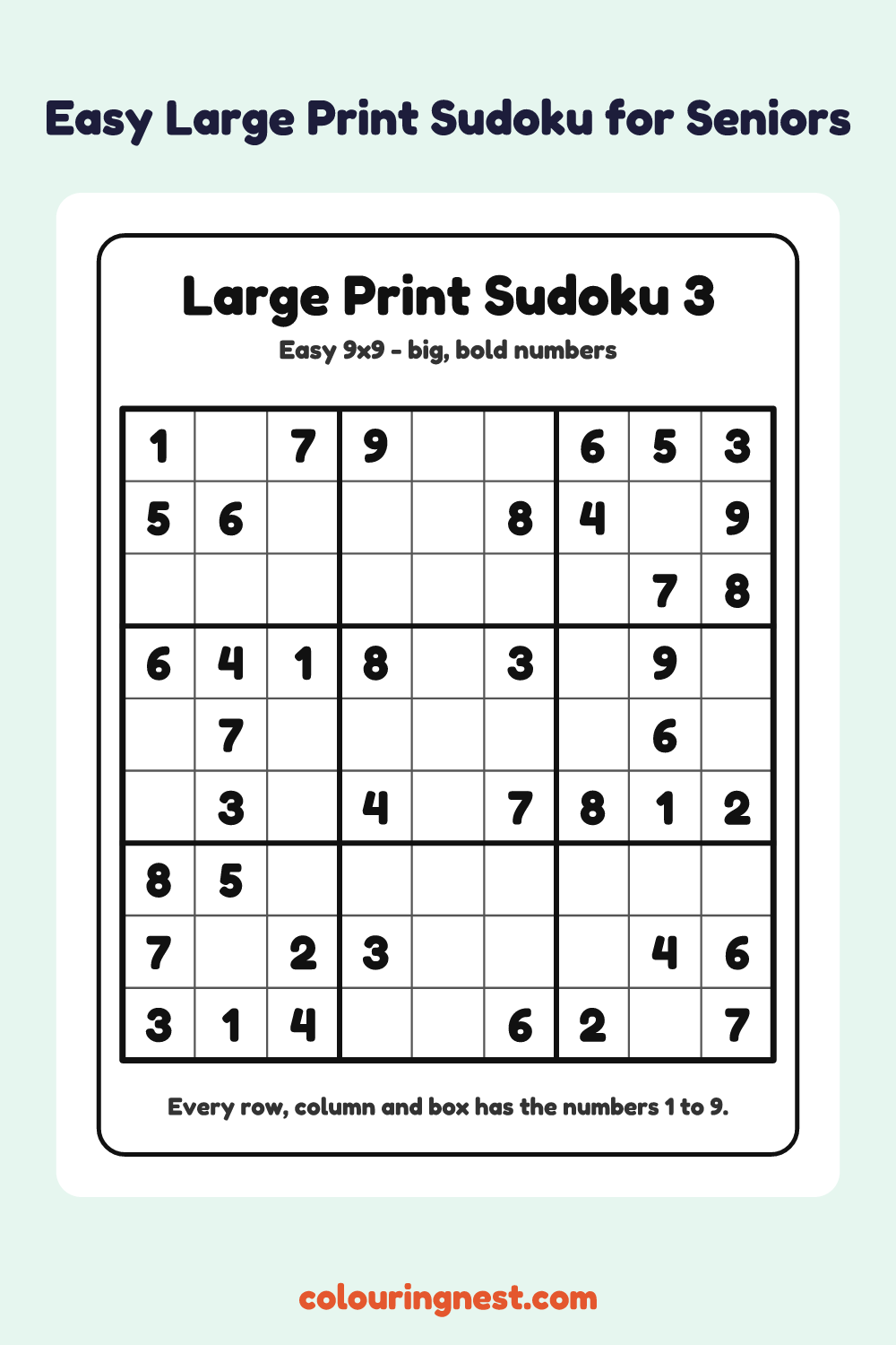 Easy Large Print Sudoku #3 worksheet: free printable black-and-white line art