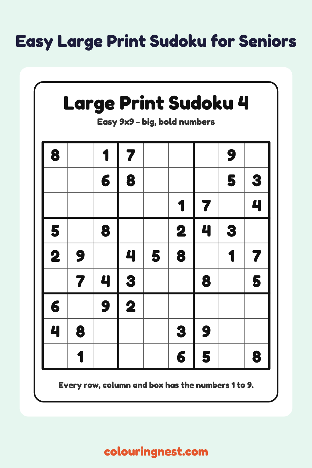Easy Large Print Sudoku #4 worksheet: free printable black-and-white line art