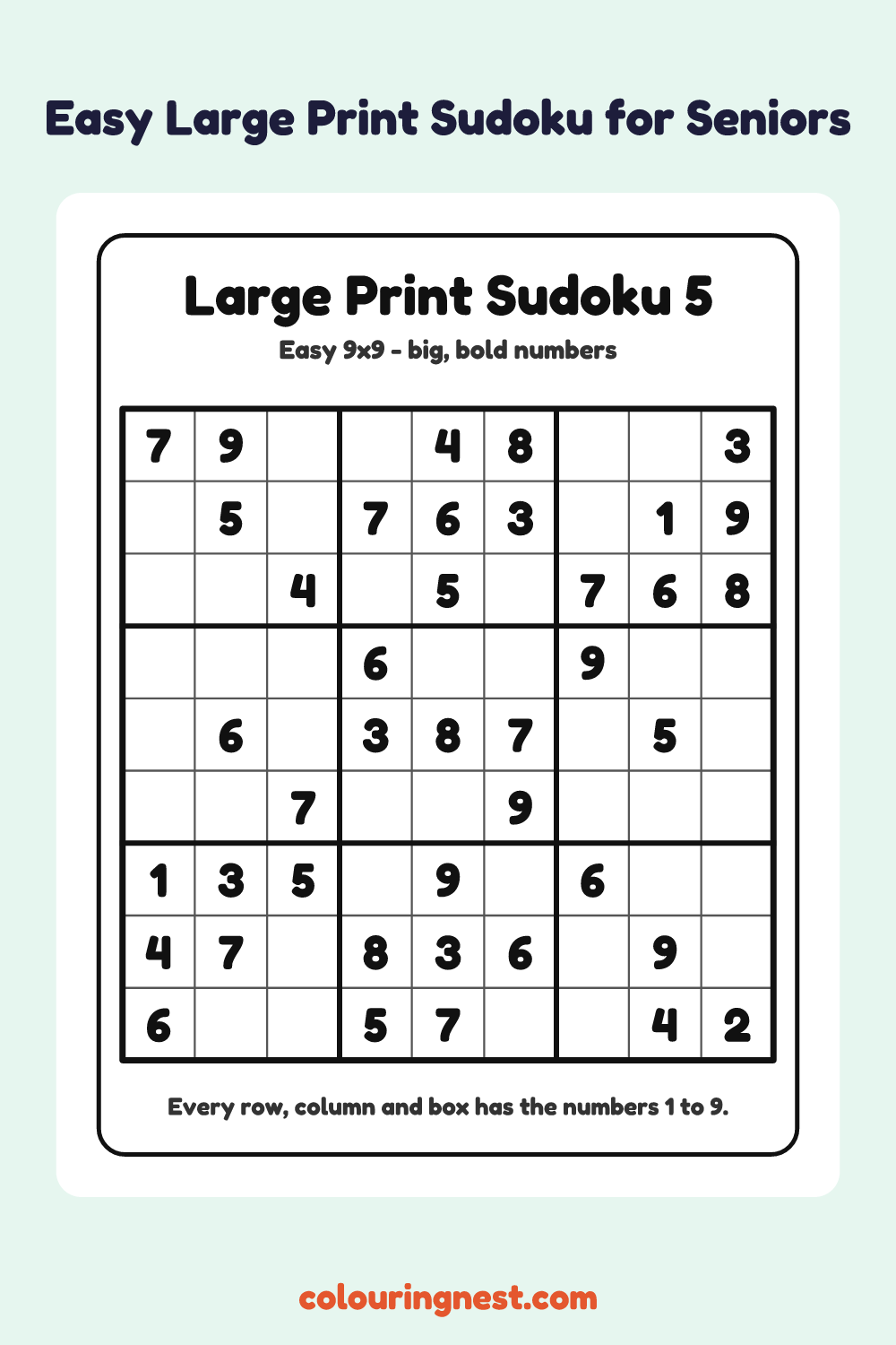 Easy Large Print Sudoku #5 worksheet: free printable black-and-white line art