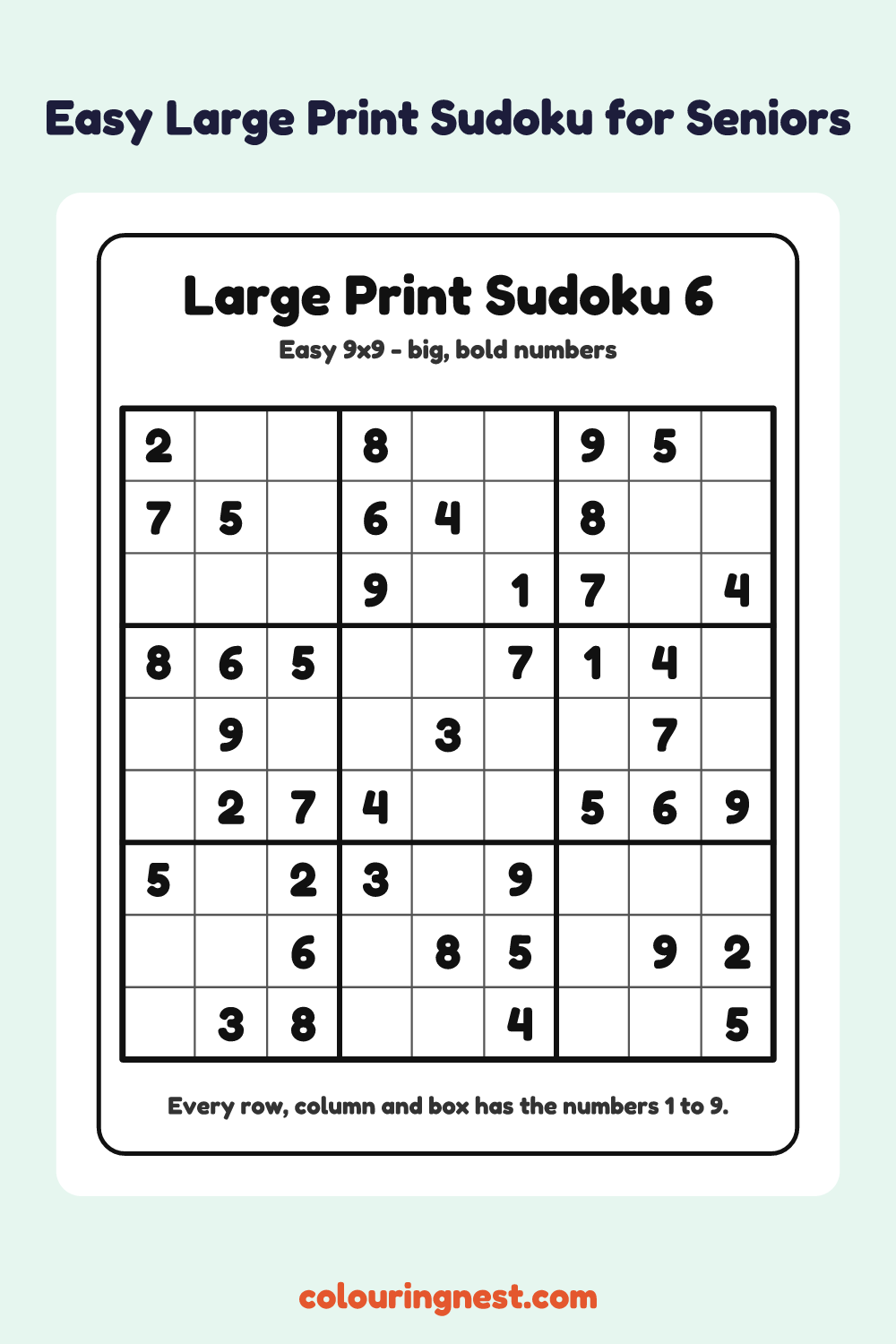 Easy Large Print Sudoku #6 worksheet: free printable black-and-white line art
