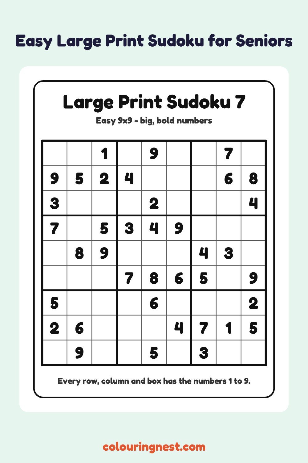Easy Large Print Sudoku #7 worksheet: free printable black-and-white line art