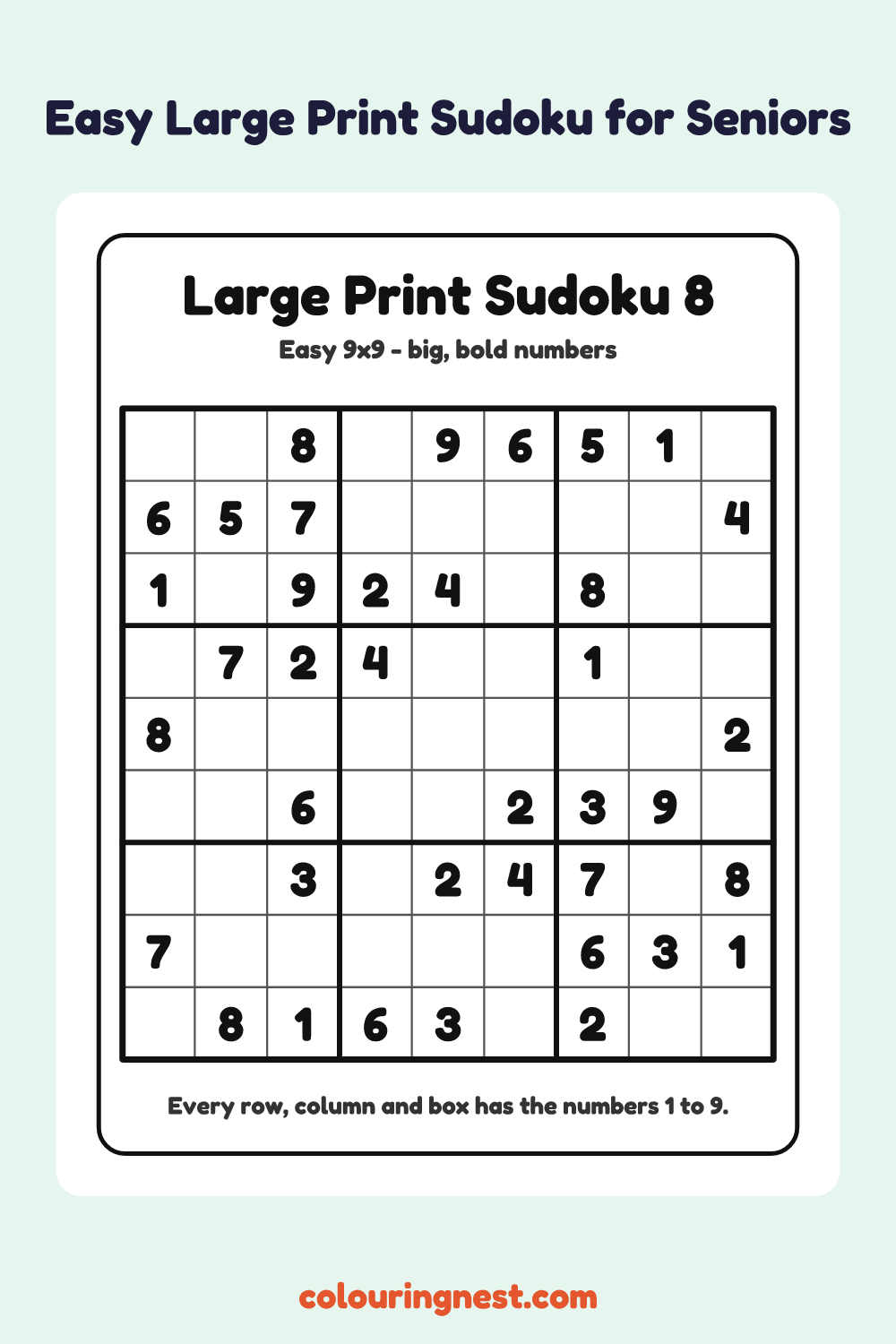 Easy Large Print Sudoku #8 worksheet: free printable black-and-white line art