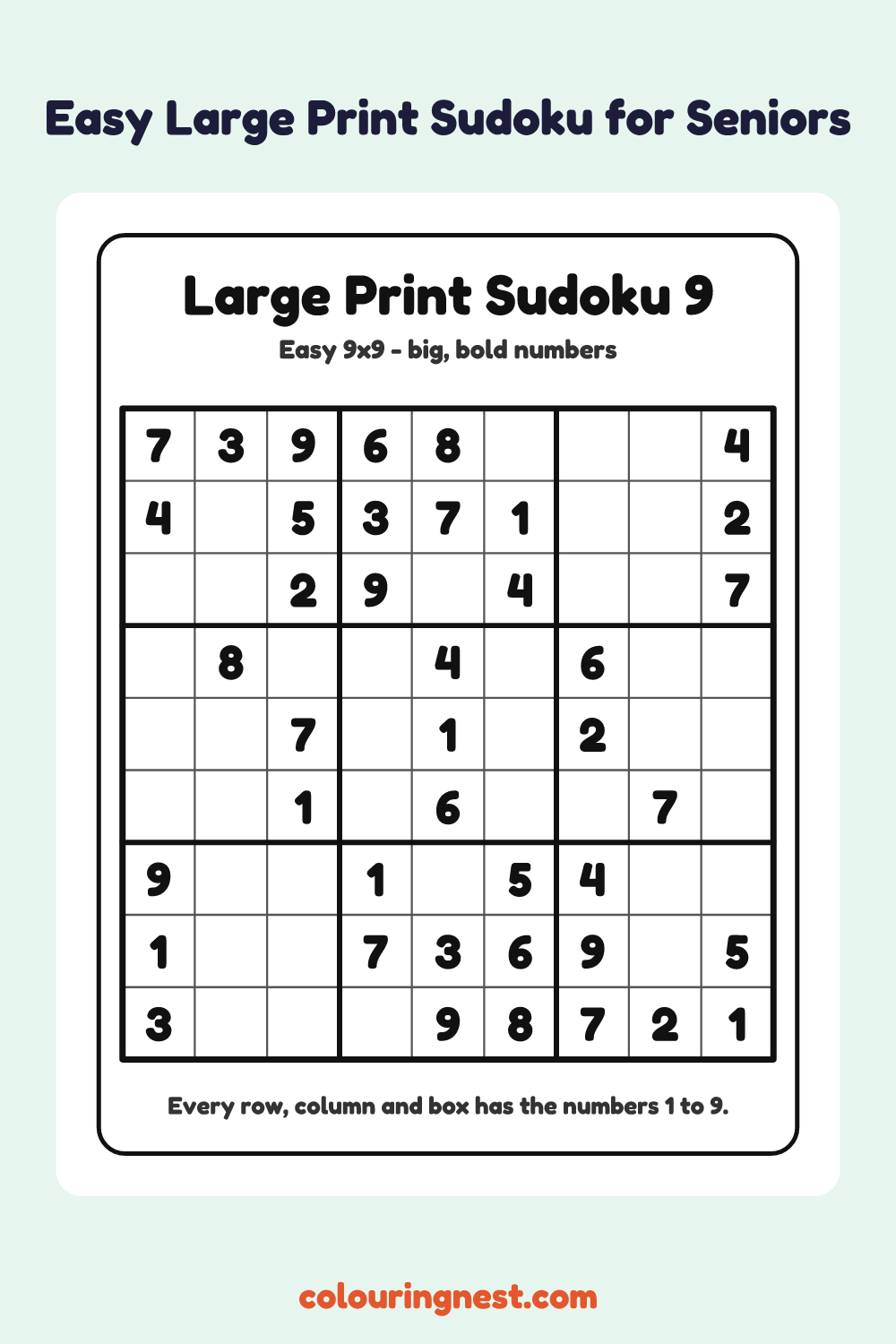 Easy Large Print Sudoku #9 worksheet: free printable black-and-white line art