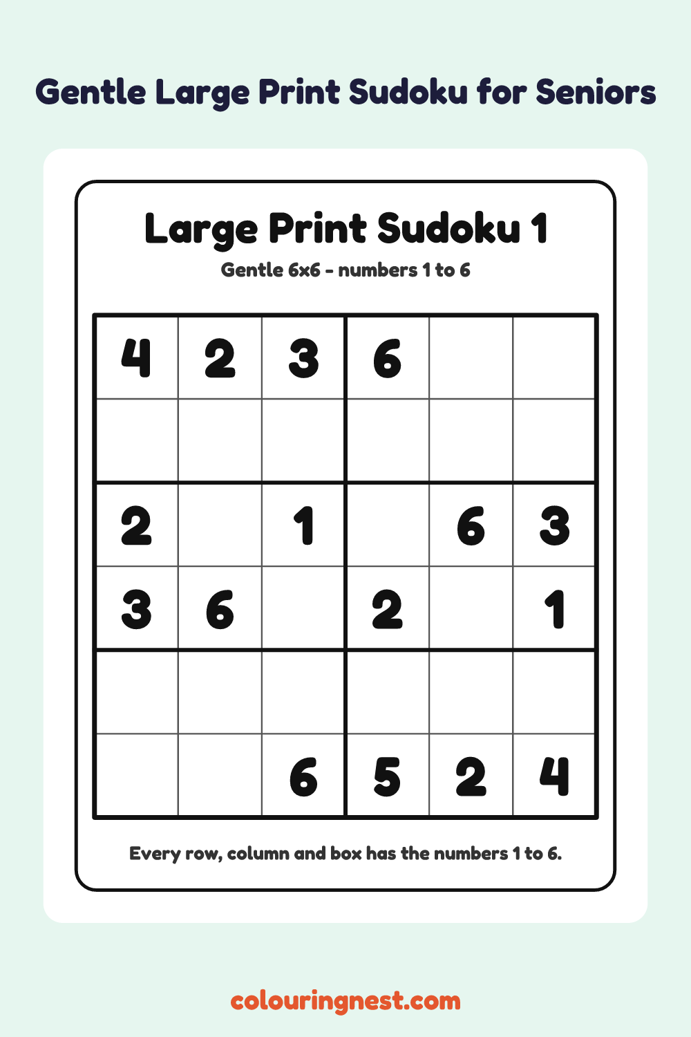 Gentle Large Print Sudoku #1 (6×6) worksheet: free printable black-and-white line art