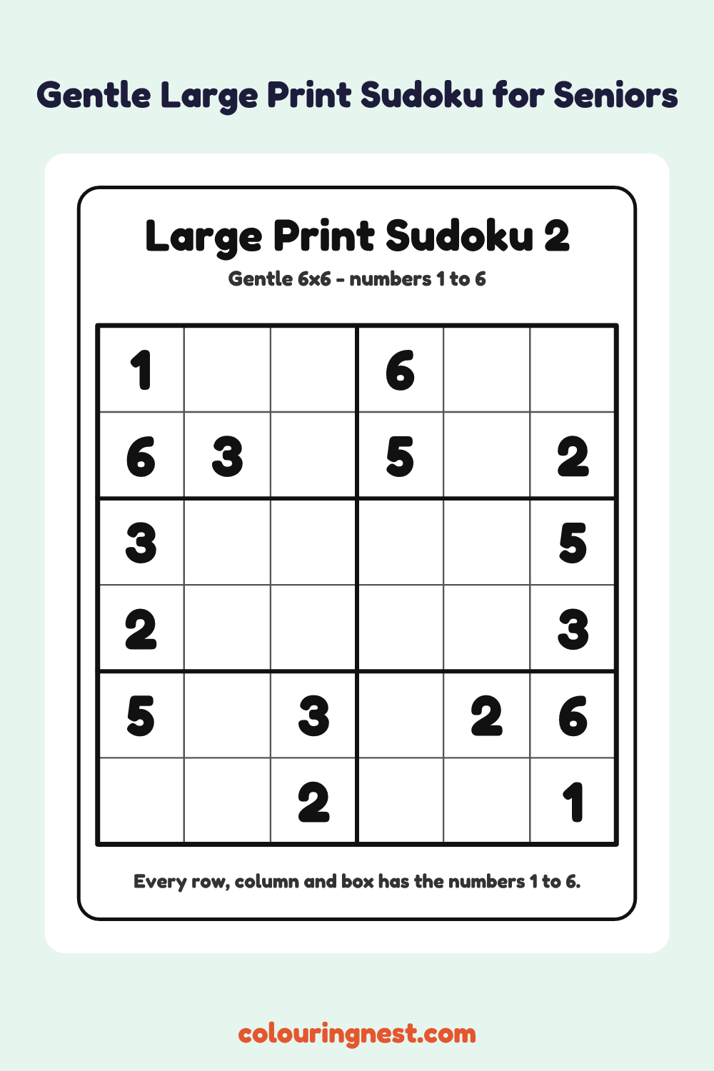 Gentle Large Print Sudoku #2 (6×6) worksheet: free printable black-and-white line art