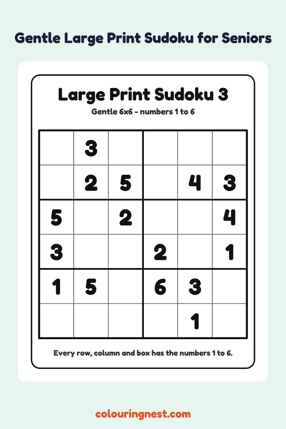 Gentle Large Print Sudoku #3 (6×6) worksheet: free printable black-and-white line art