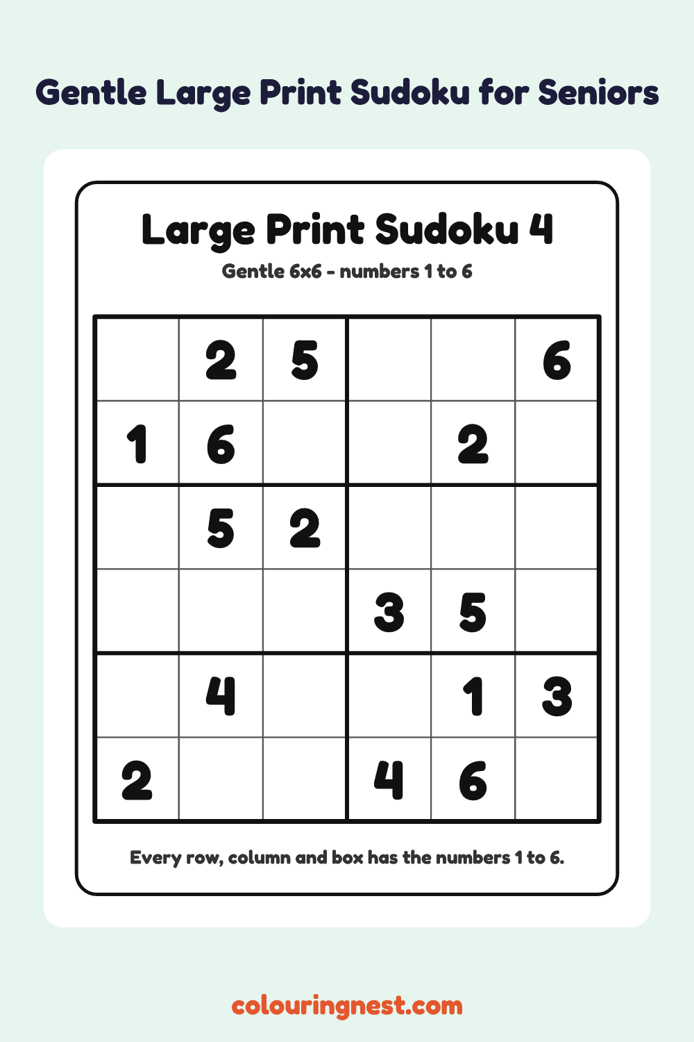 Gentle Large Print Sudoku #4 (6×6) worksheet: free printable black-and-white line art