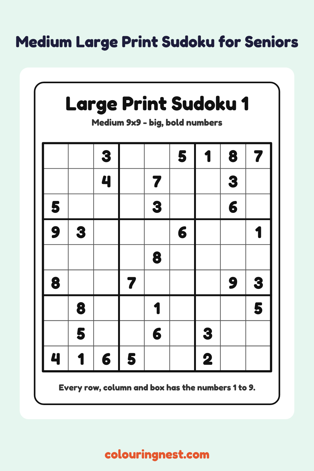Medium Large Print Sudoku #1 worksheet: free printable black-and-white line art