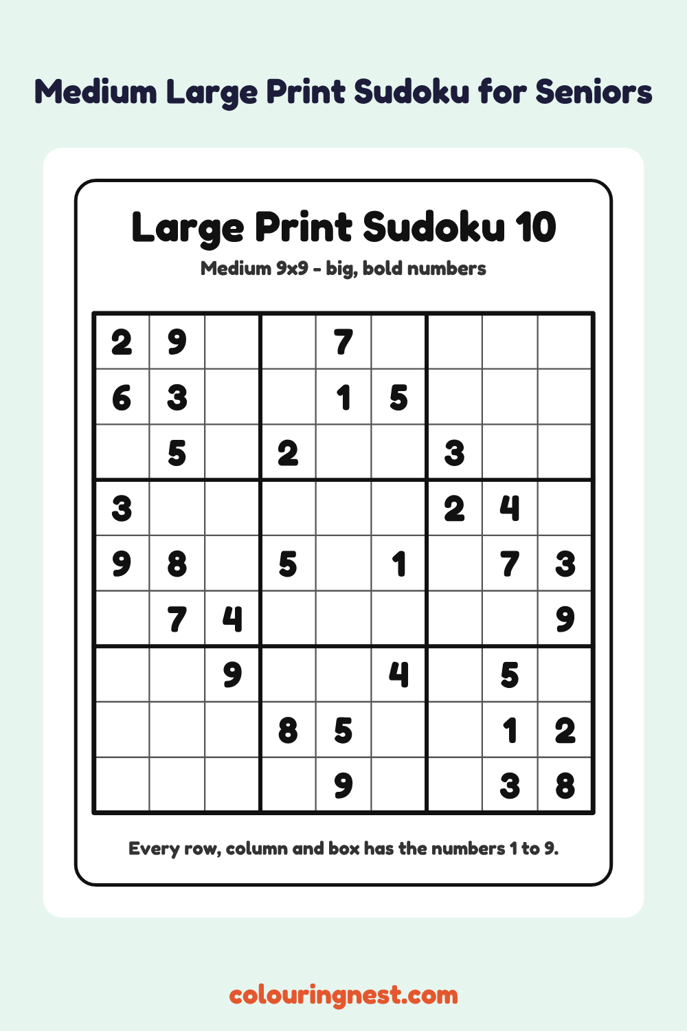 Medium Large Print Sudoku #10 worksheet: free printable black-and-white line art
