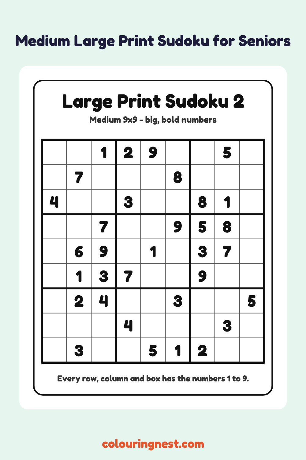 Medium Large Print Sudoku #2 worksheet: free printable black-and-white line art