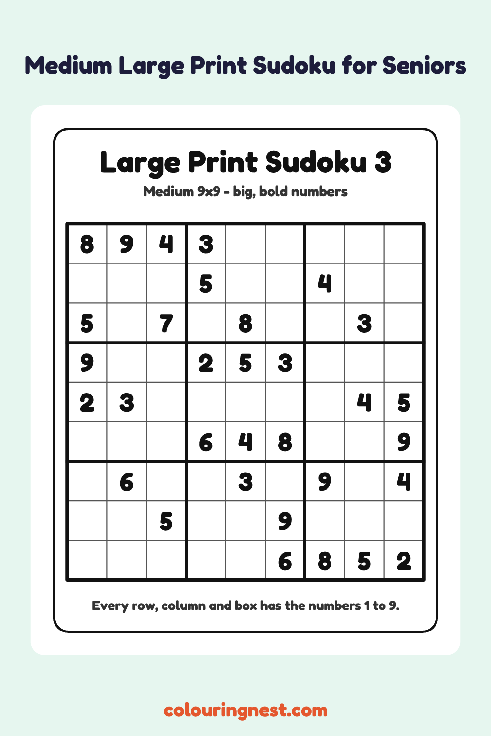 Medium Large Print Sudoku #3 worksheet: free printable black-and-white line art