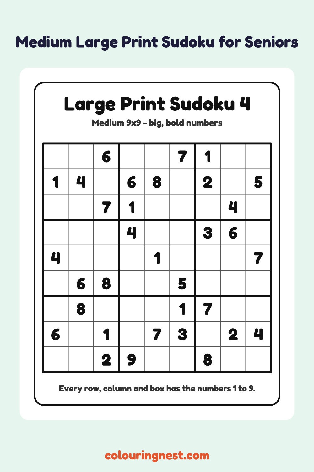 Medium Large Print Sudoku #4 worksheet: free printable black-and-white line art