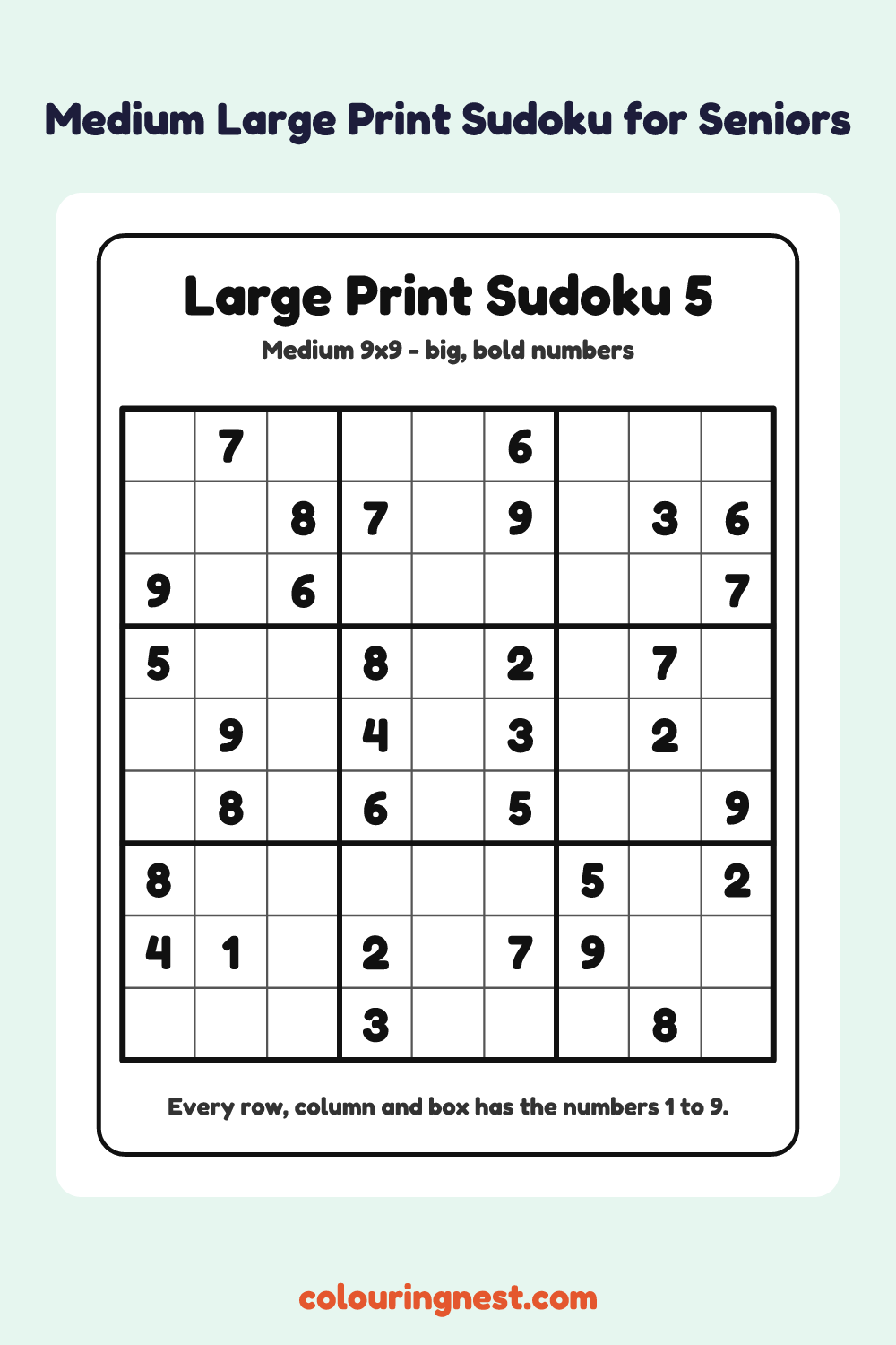 Medium Large Print Sudoku #5 worksheet: free printable black-and-white line art