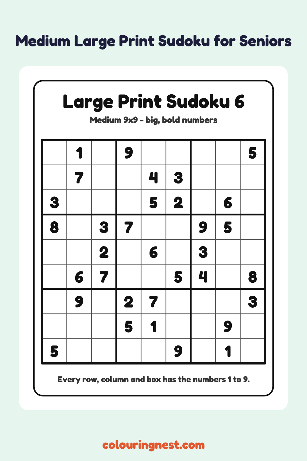 Medium Large Print Sudoku #6 worksheet: free printable black-and-white line art