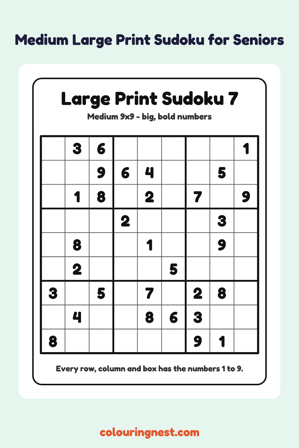 Medium Large Print Sudoku #7 worksheet: free printable black-and-white line art