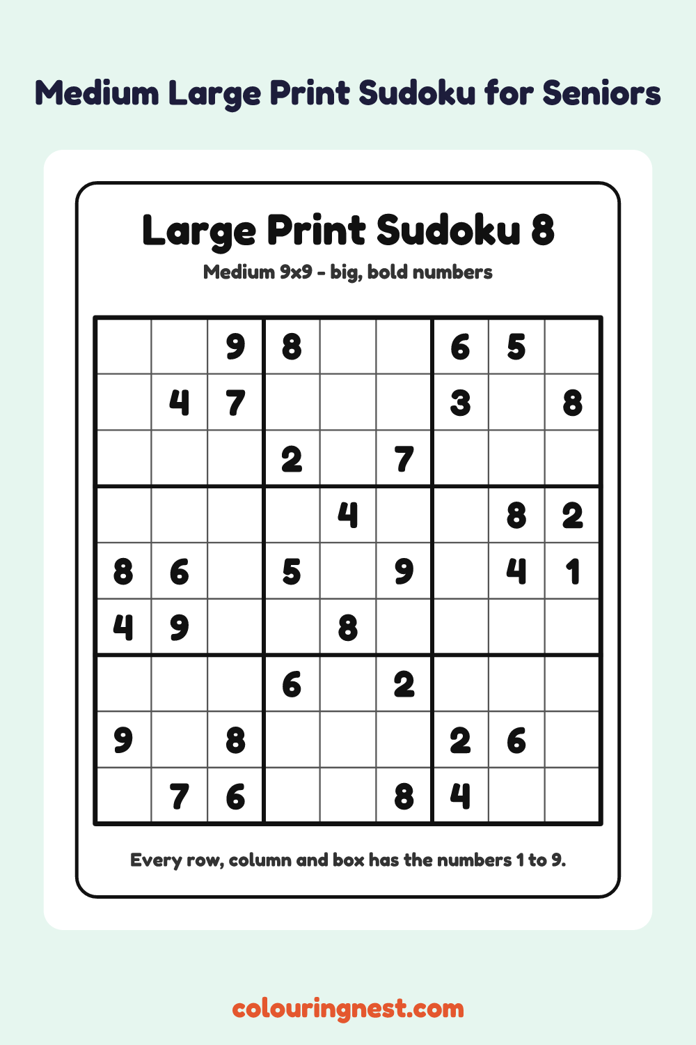 Medium Large Print Sudoku #8 worksheet: free printable black-and-white line art