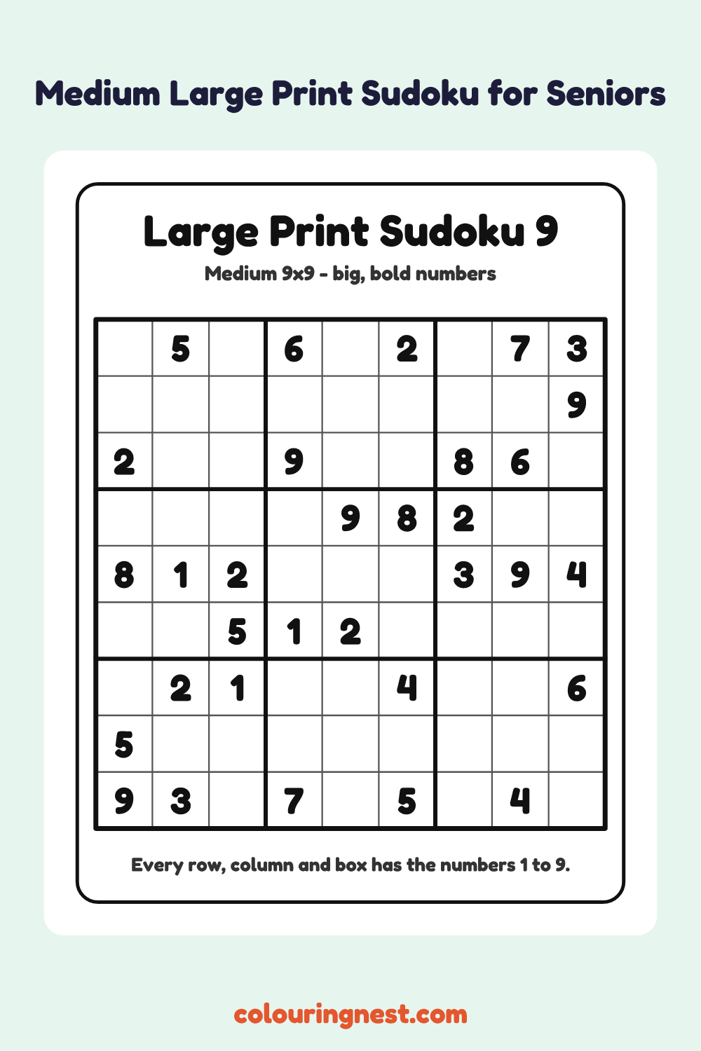 Medium Large Print Sudoku #9 worksheet: free printable black-and-white line art