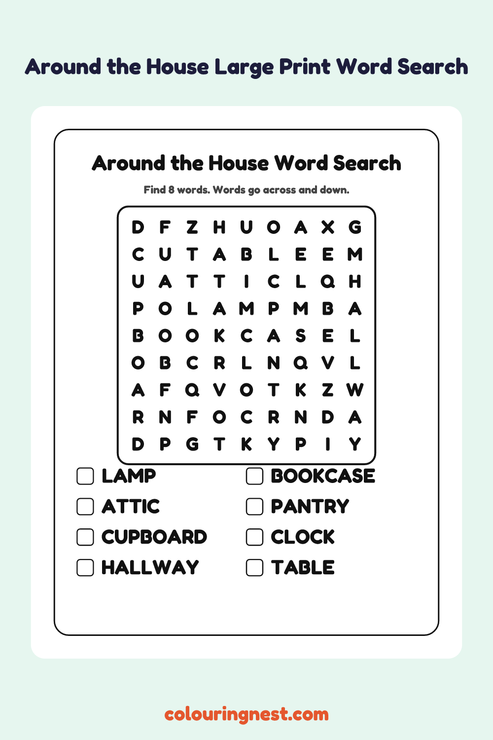 Around the House Large Print Word Search: free printable black-and-white line art