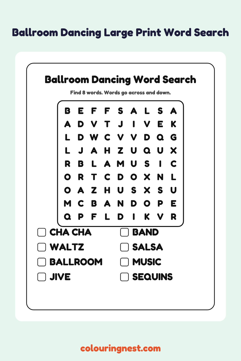 Ballroom Dancing Large Print Word Search: free printable black-and-white line art