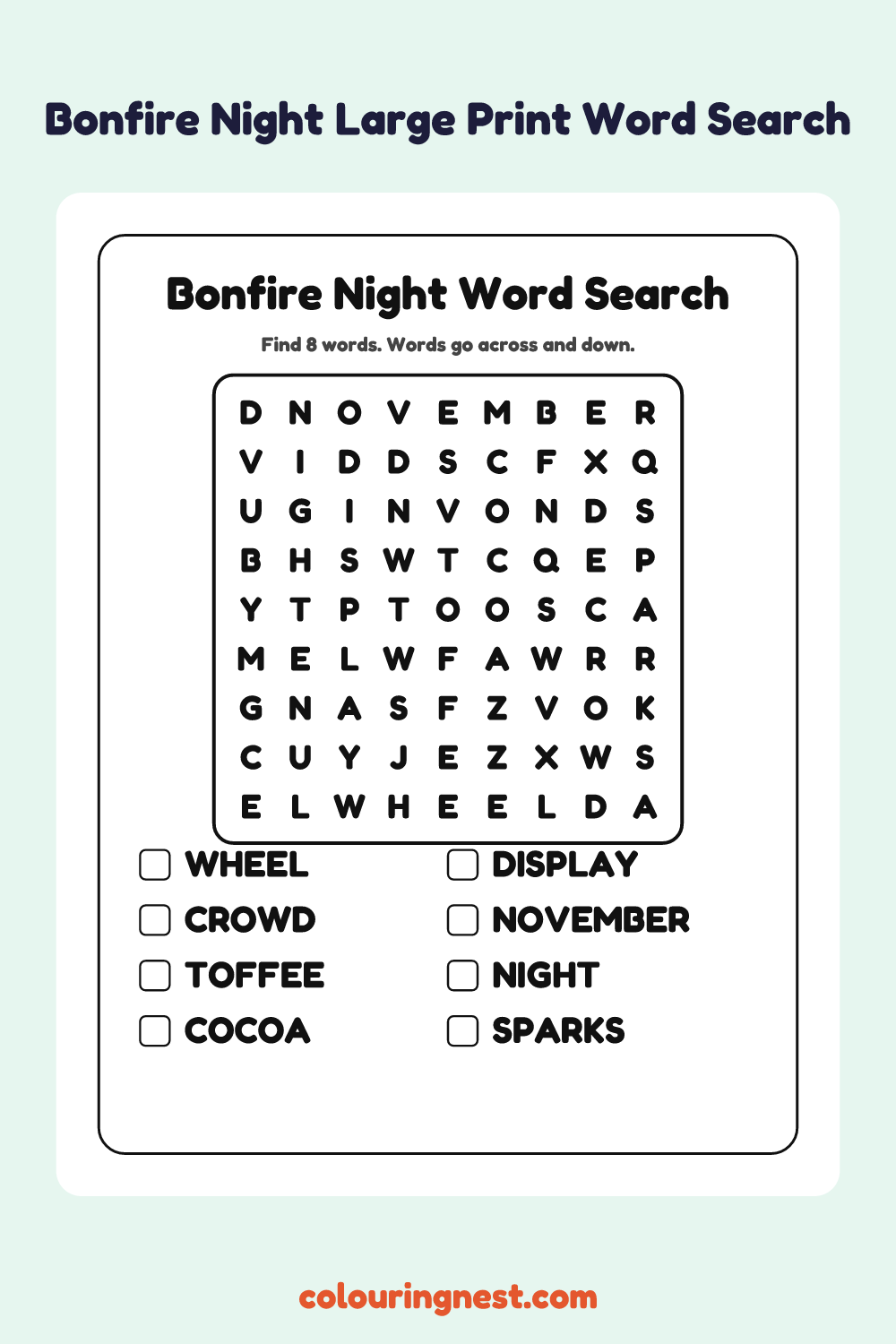 Bonfire Night Large Print Word Search: free printable black-and-white line art