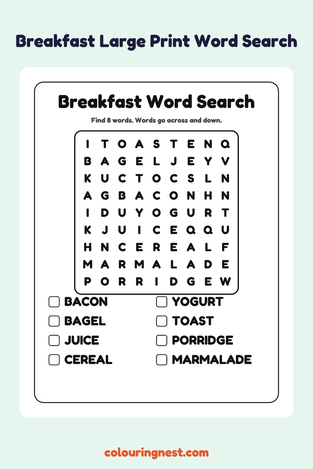 Breakfast Large Print Word Search: free printable black-and-white line art