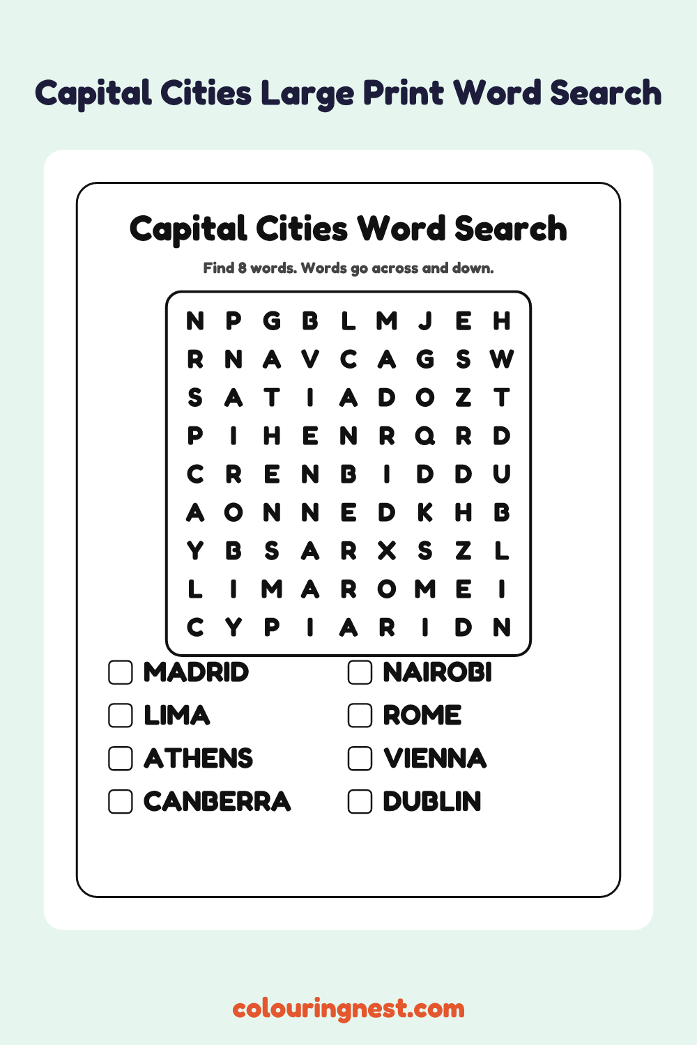 Capital Cities Large Print Word Search: free printable black-and-white line art