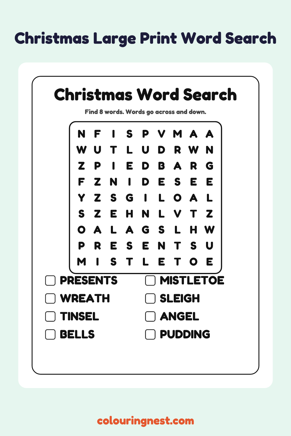 Christmas Large Print Word Search: free printable black-and-white line art