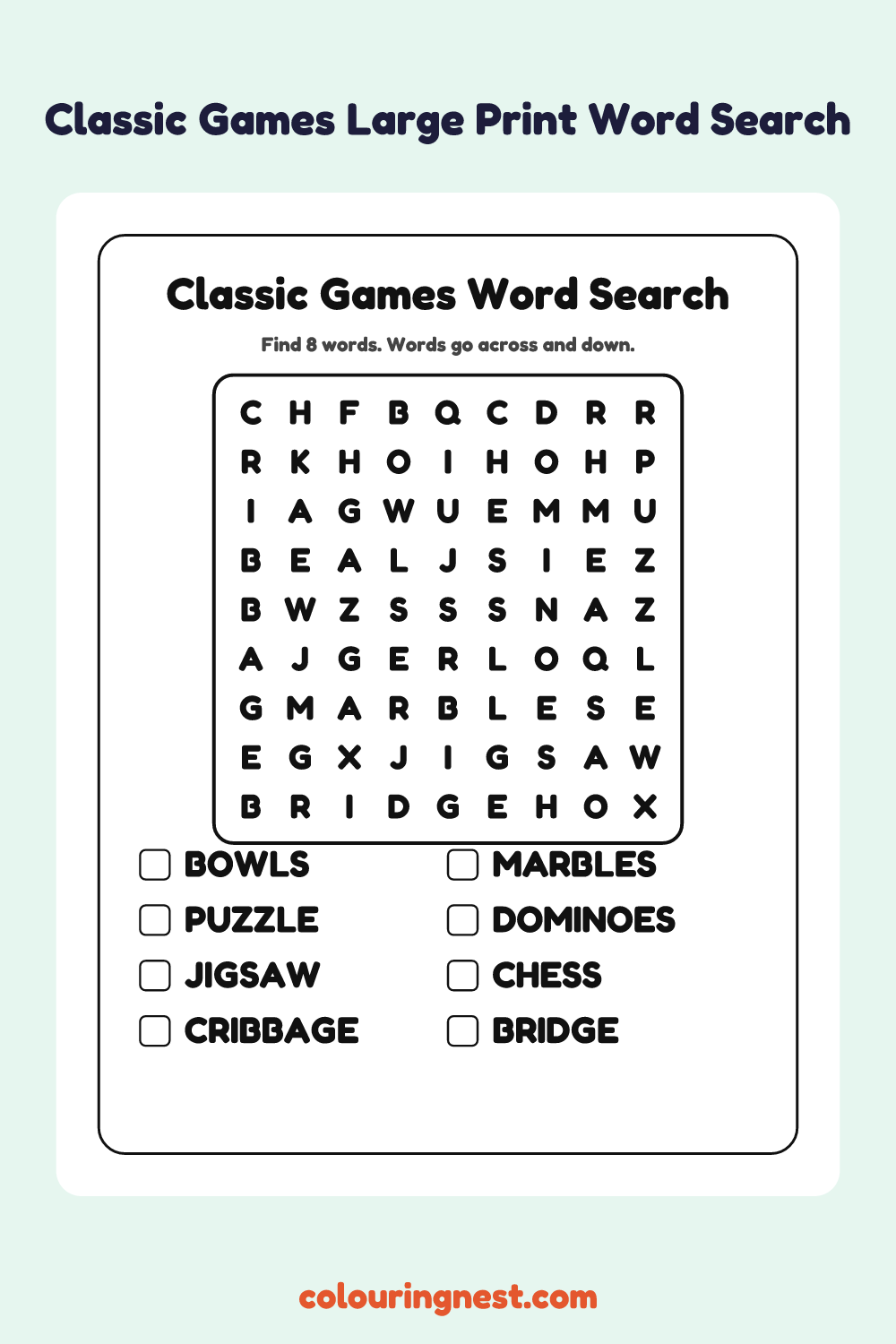 Classic Games Large Print Word Search: free printable black-and-white line art