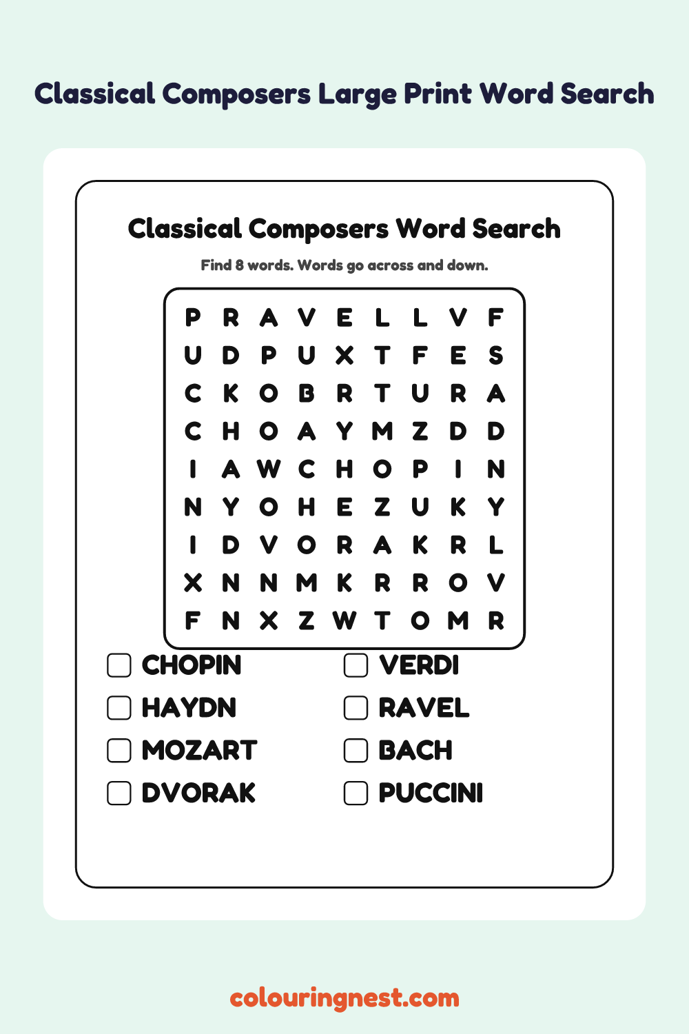 Classical Composers Large Print Word Search: free printable black-and-white line art