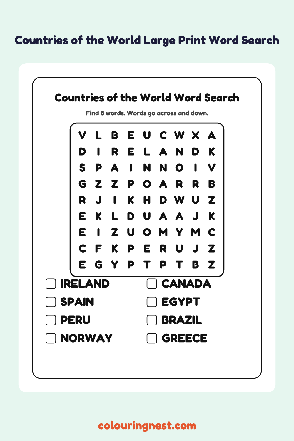 Countries of the World Large Print Word Search: free printable black-and-white line art