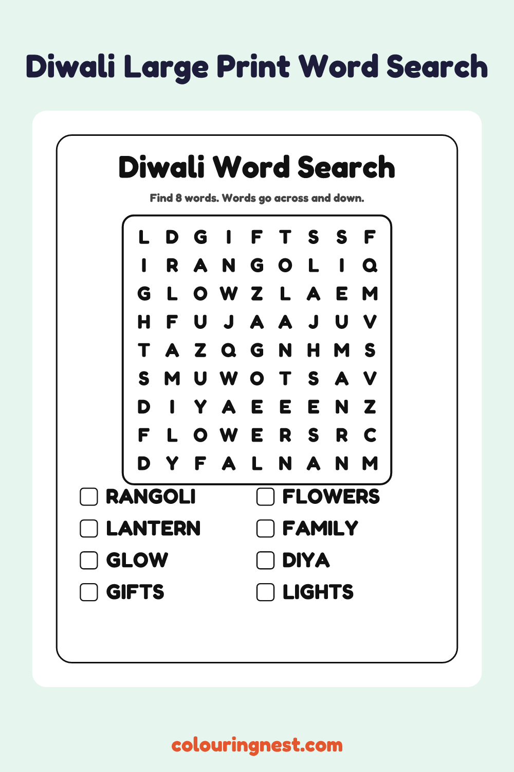 Diwali Large Print Word Search: free printable black-and-white line art